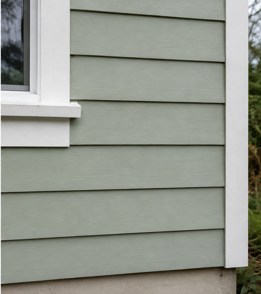Repaired and freshly painted sage green siding after wood repair