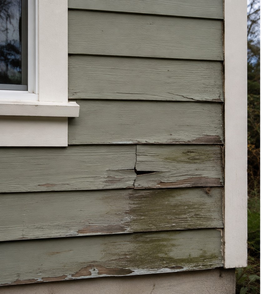 Damaged peeling sage green siding before wood repair